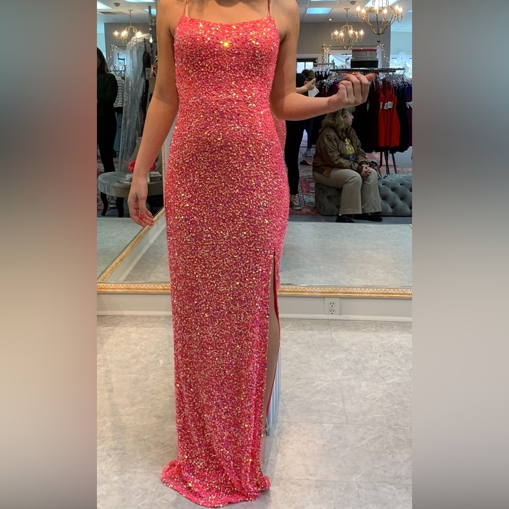 Ashley Lauren Fully Beaded Gown with Lace Up Back Style 1818 | Size 2 | Hot Pink